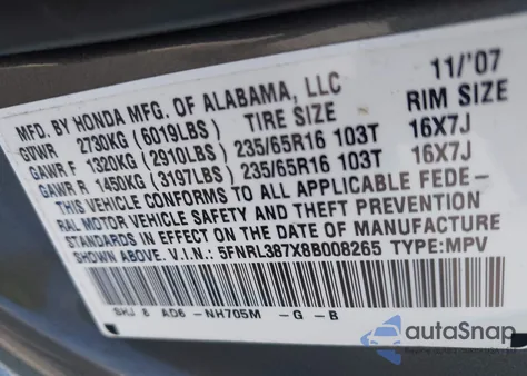 2008 Honda Odyssey Ex-L z USA, uszkodzony, nr VIN 5FNRL387X8B008265